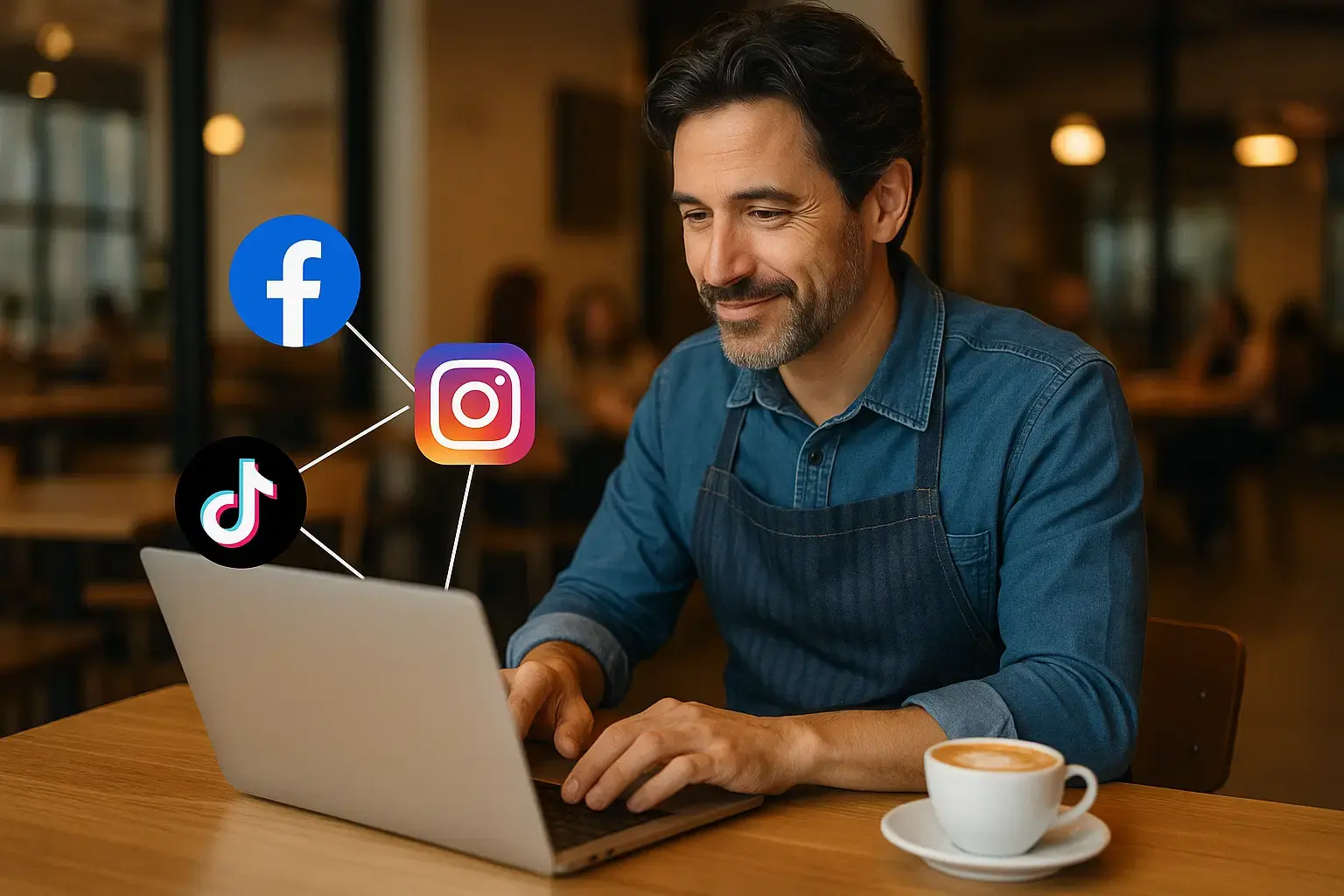Café owner scheduling posts across different social media platforms