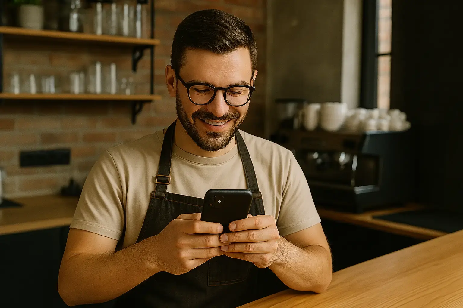 Café owner creating social media content with phone