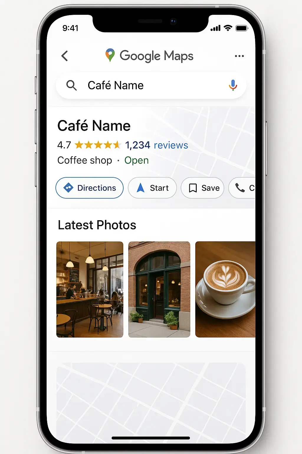 Café Google Business Profile with reviews and updated photos.