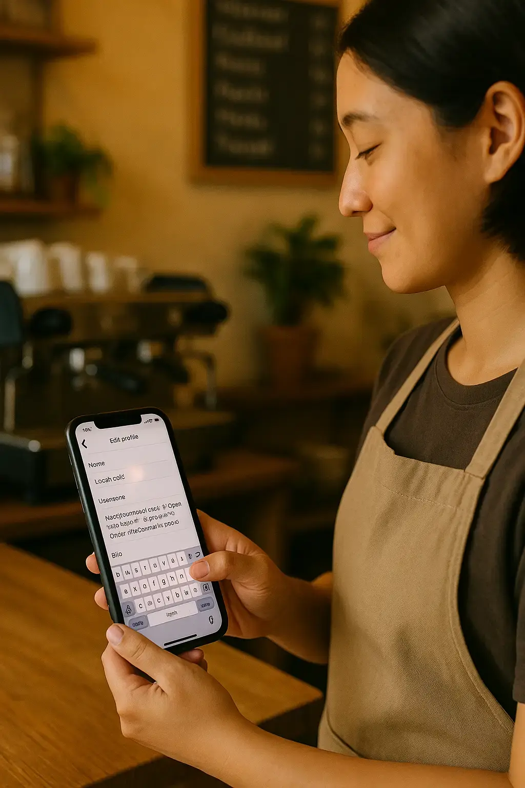 Small café owner updating Instagram bio to attract new customers