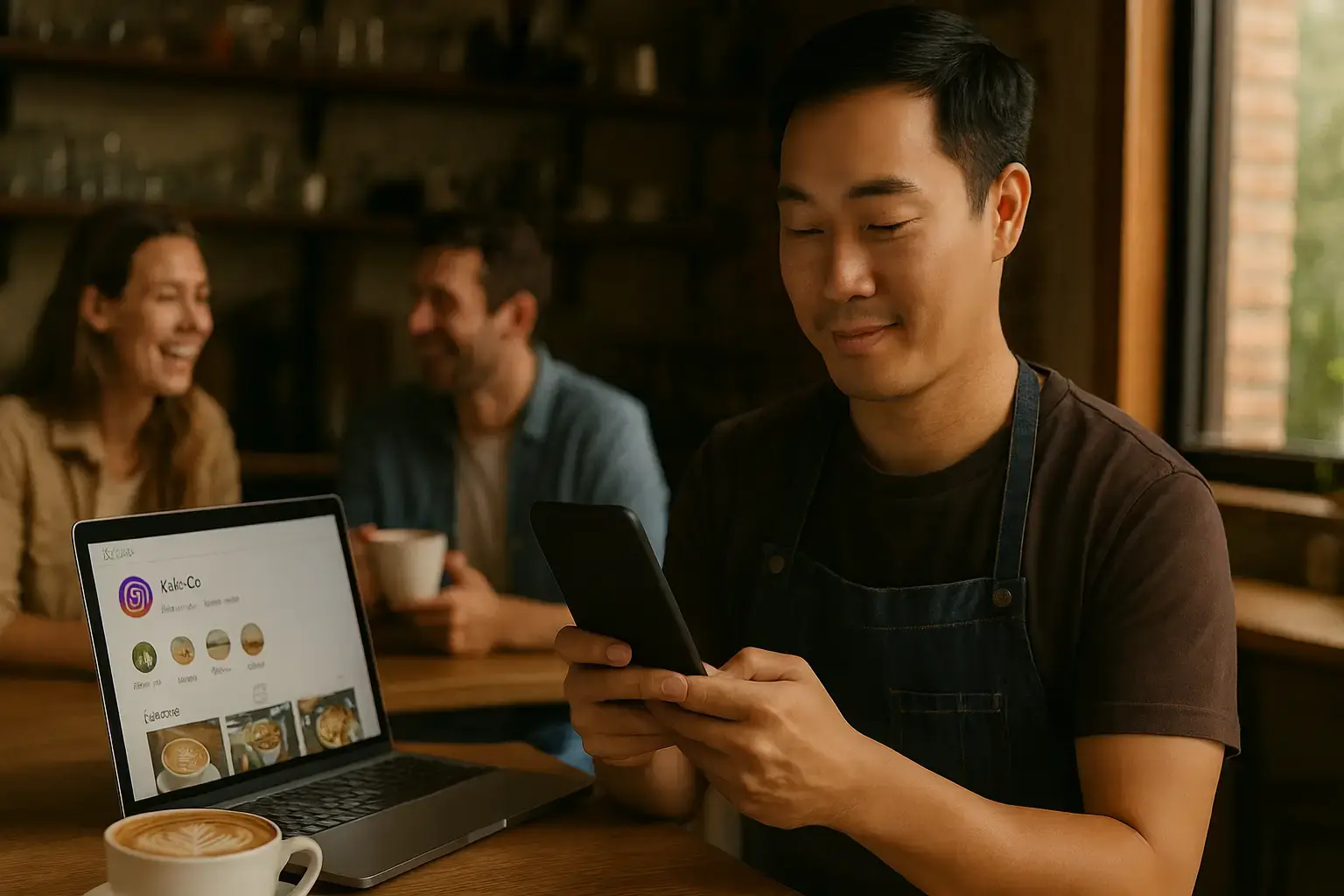 Local café owner reviewing Instagram followers on phone.