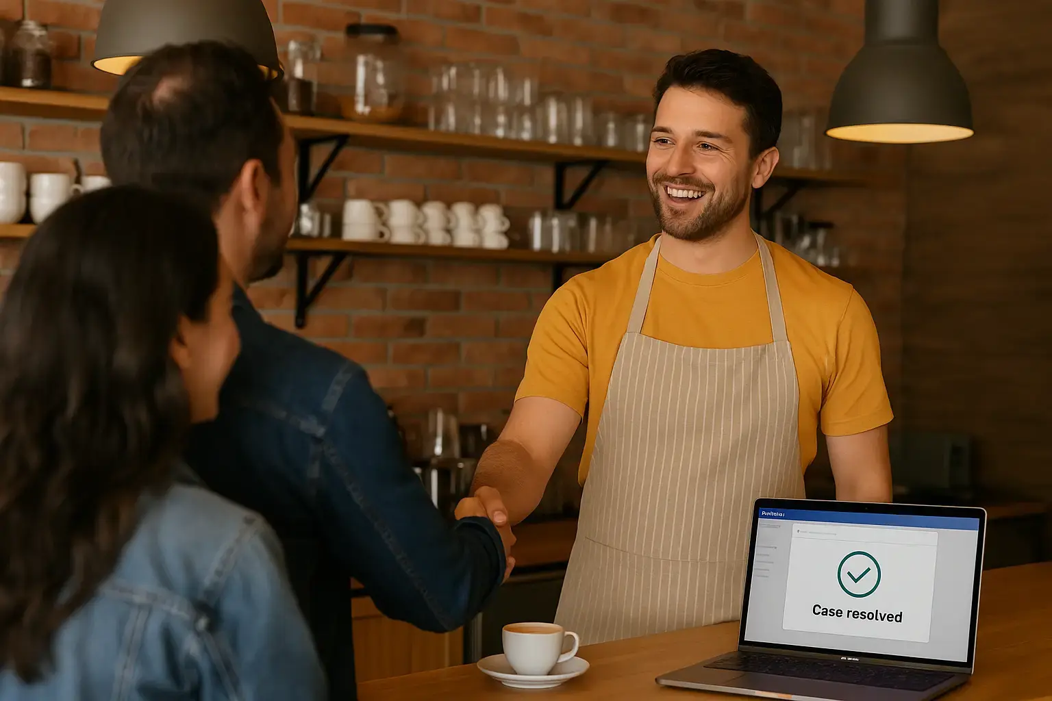 Café owner celebrating after resolving Facebook post issue