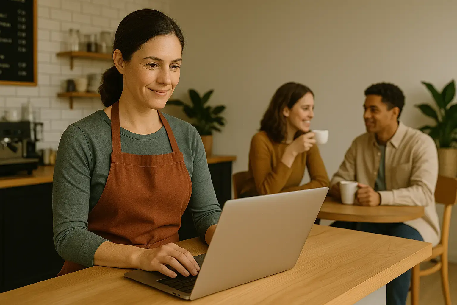 Small café owner setting up Facebook business page on laptop