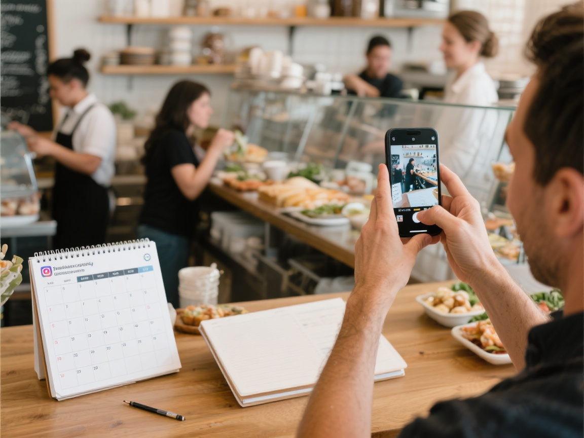 Business owner efficiently capturing content during daily operations for social media posting