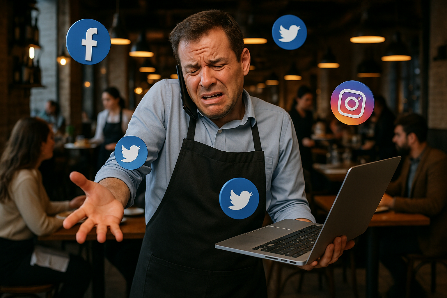 Busy business owner struggling to balance operations with social media posting requirements