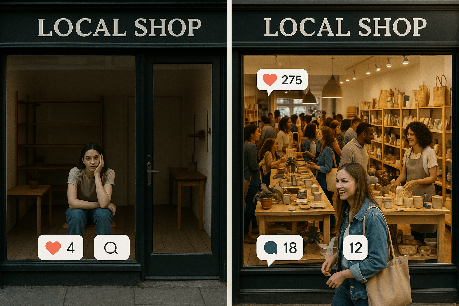 Comparison of unsuccessful vs. successful social media advertising results for local businesses showing engagement and real customer impact