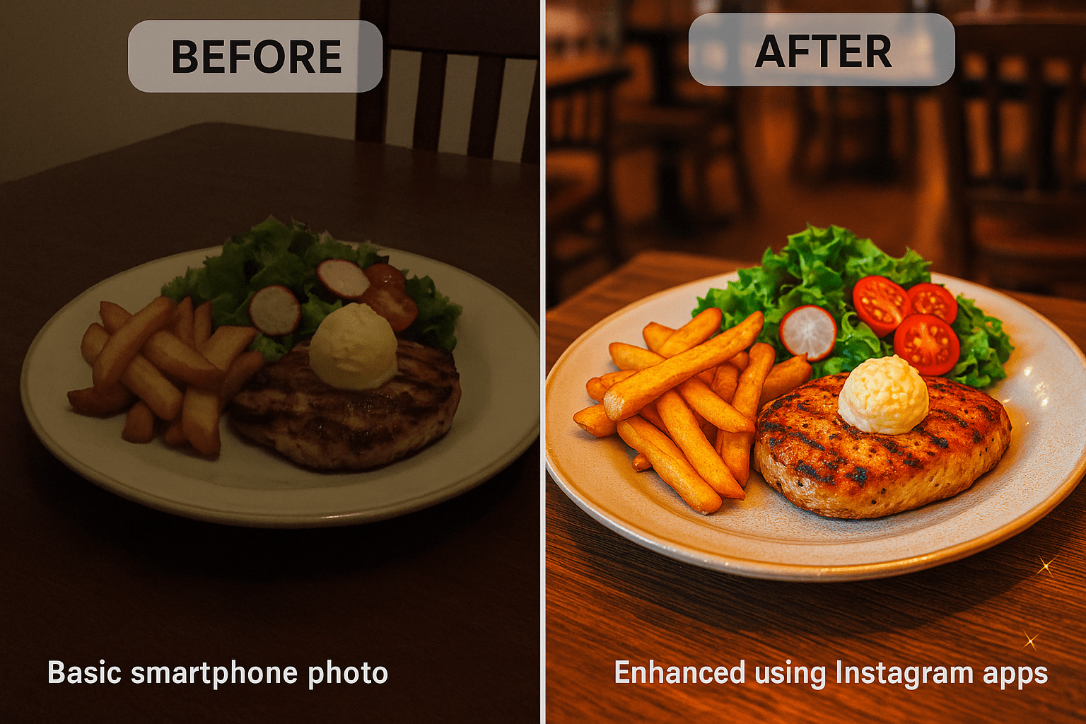 Before and after comparison of restaurant food photo showing dramatic improvement using Instagram apps for restaurants