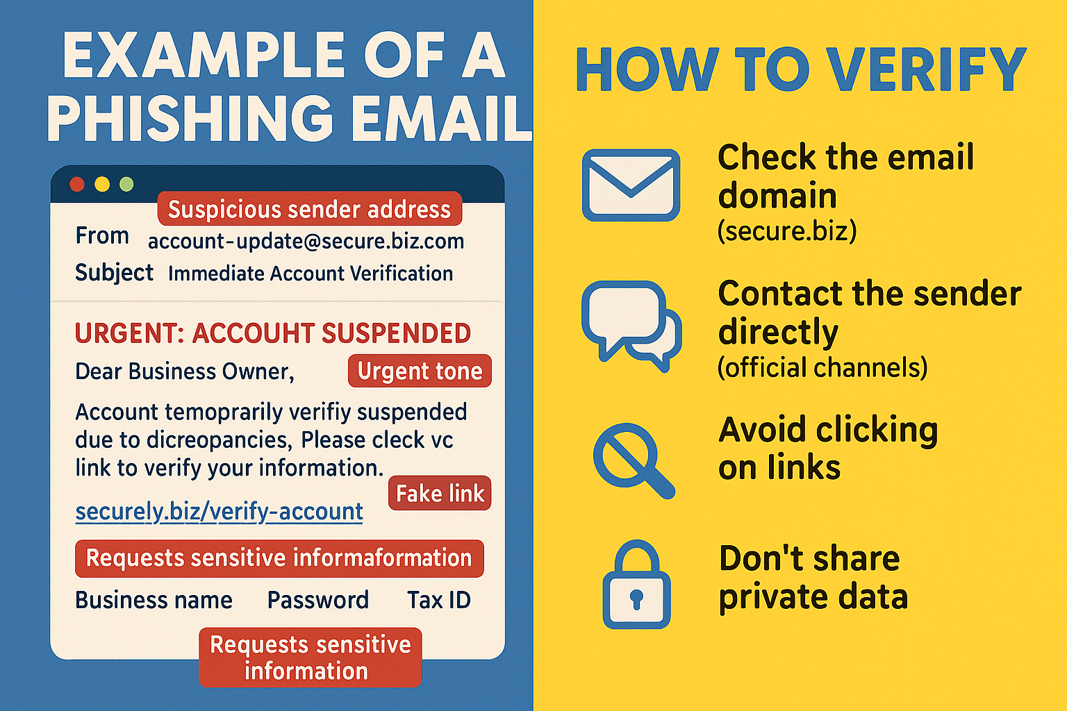 Comparison between secure business website with safety indicators and suspicious website showing warning signs for business owners to identify
