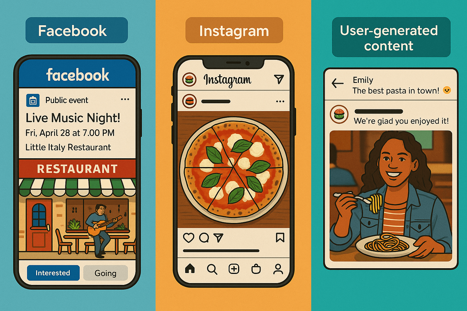 Platform-specific media business plan content examples showing Facebook community building, Instagram visual storytelling, and user-generated content strategies for local restaurants