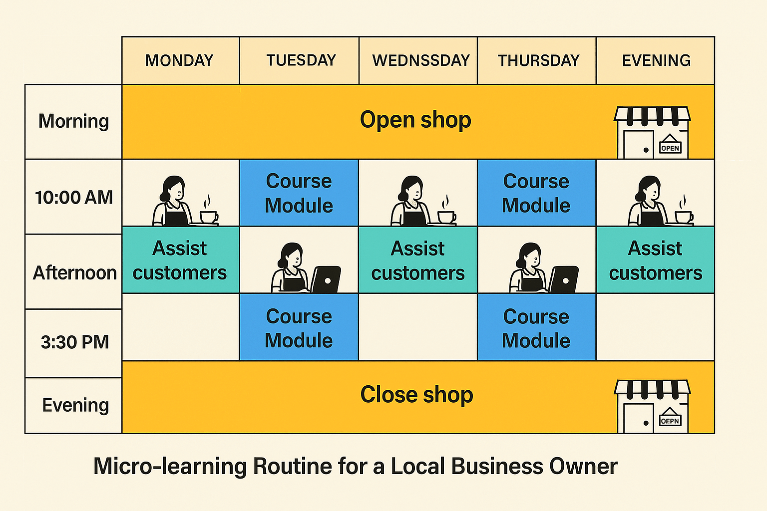 Time management calendar showing how local business owners can integrate online social media courses into busy schedules with practical micro-learning approach
