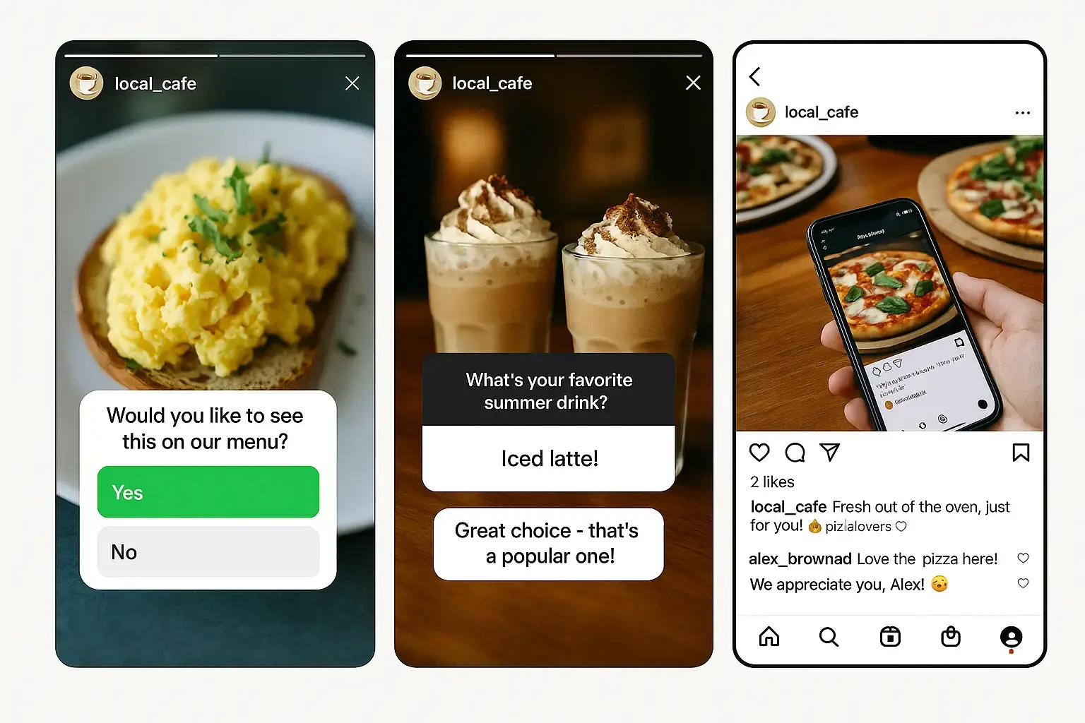 Instagram engagement features including polls, question stickers, and business responses to customer comments