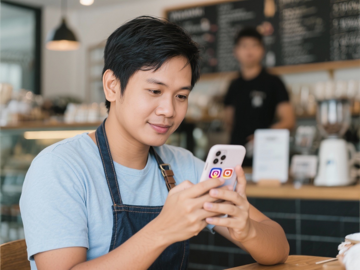 Southeast Asian cafe owner managing social media on smartphone